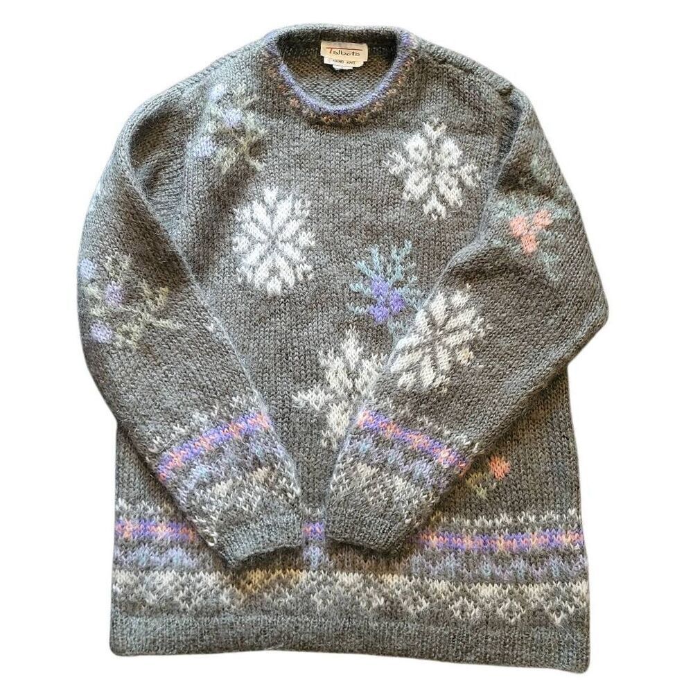 Vintage 90s Talbots Sweater Womens Large Brown Snowflake Floral Mohair Handmade